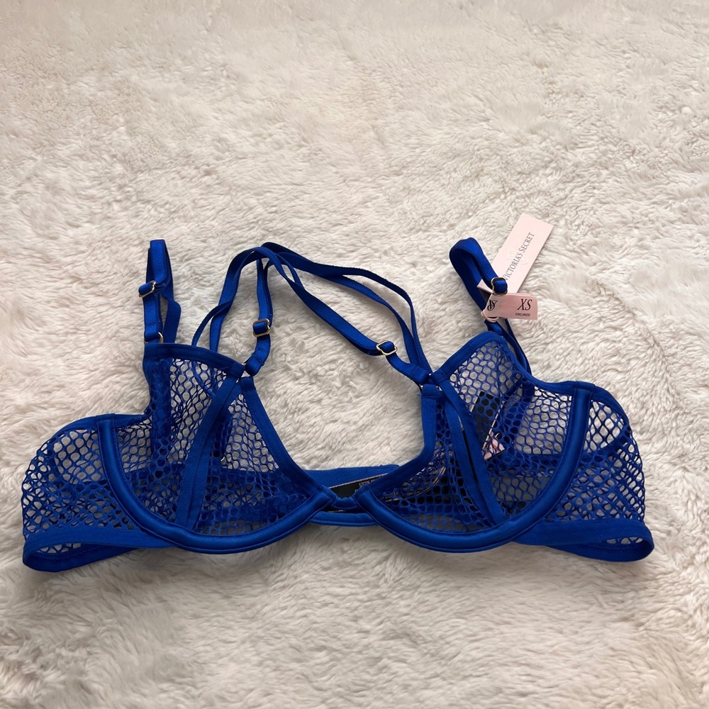 Victorias Secret Very Sexy Blue Fishnet Strappy Low Cut Demi Bra Size XS NEW